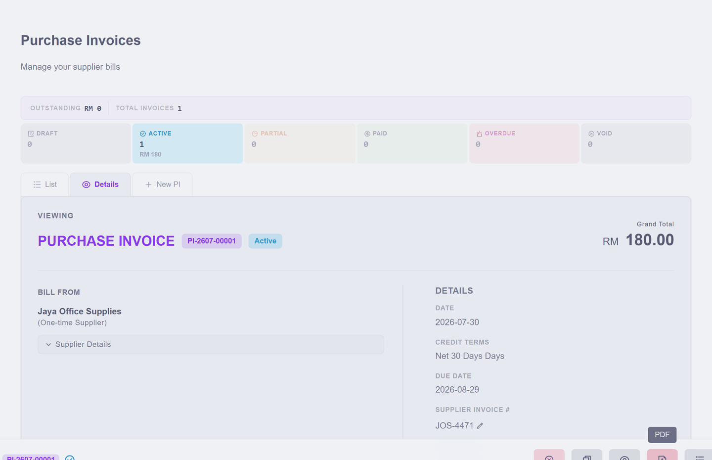 The finalised purchase invoice PI-2607-00001 for RM 180, Active