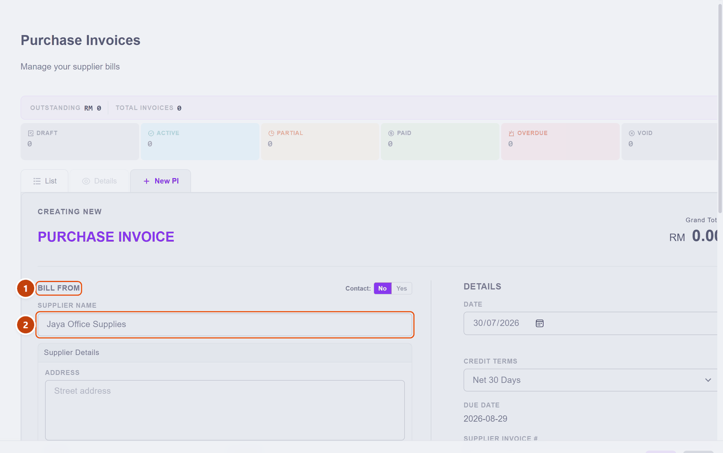 The new purchase invoice with BILL FROM set to a one-time supplier