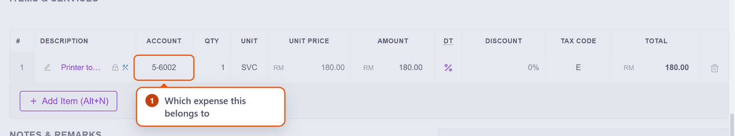 The line with an expense account selected