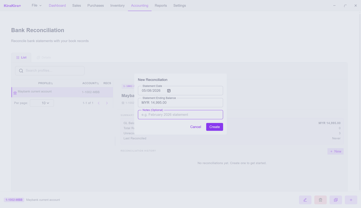 The new-reconciliation dialog — cutoff date and statement balance