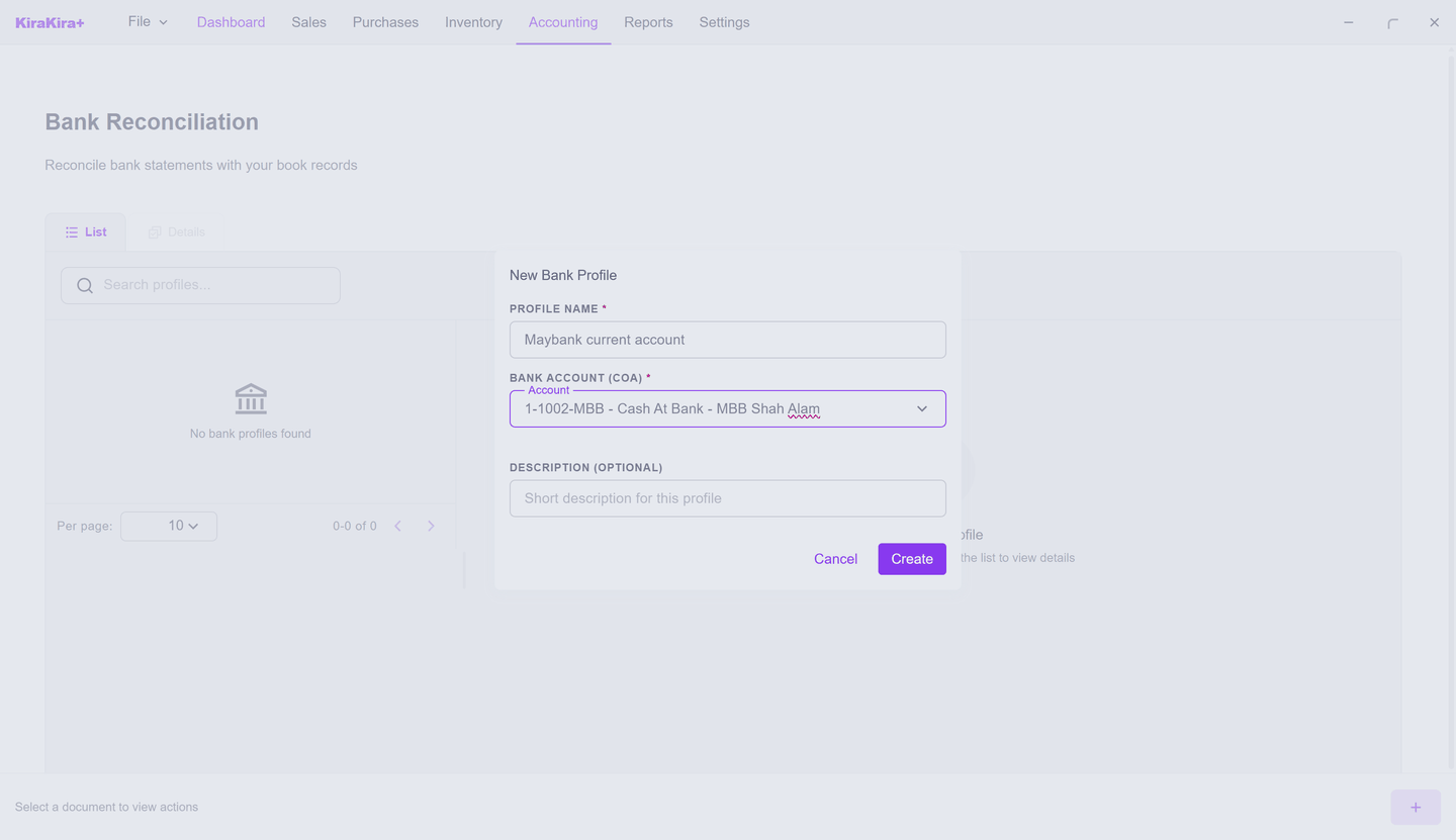 The profile — naming which GL account is the bank