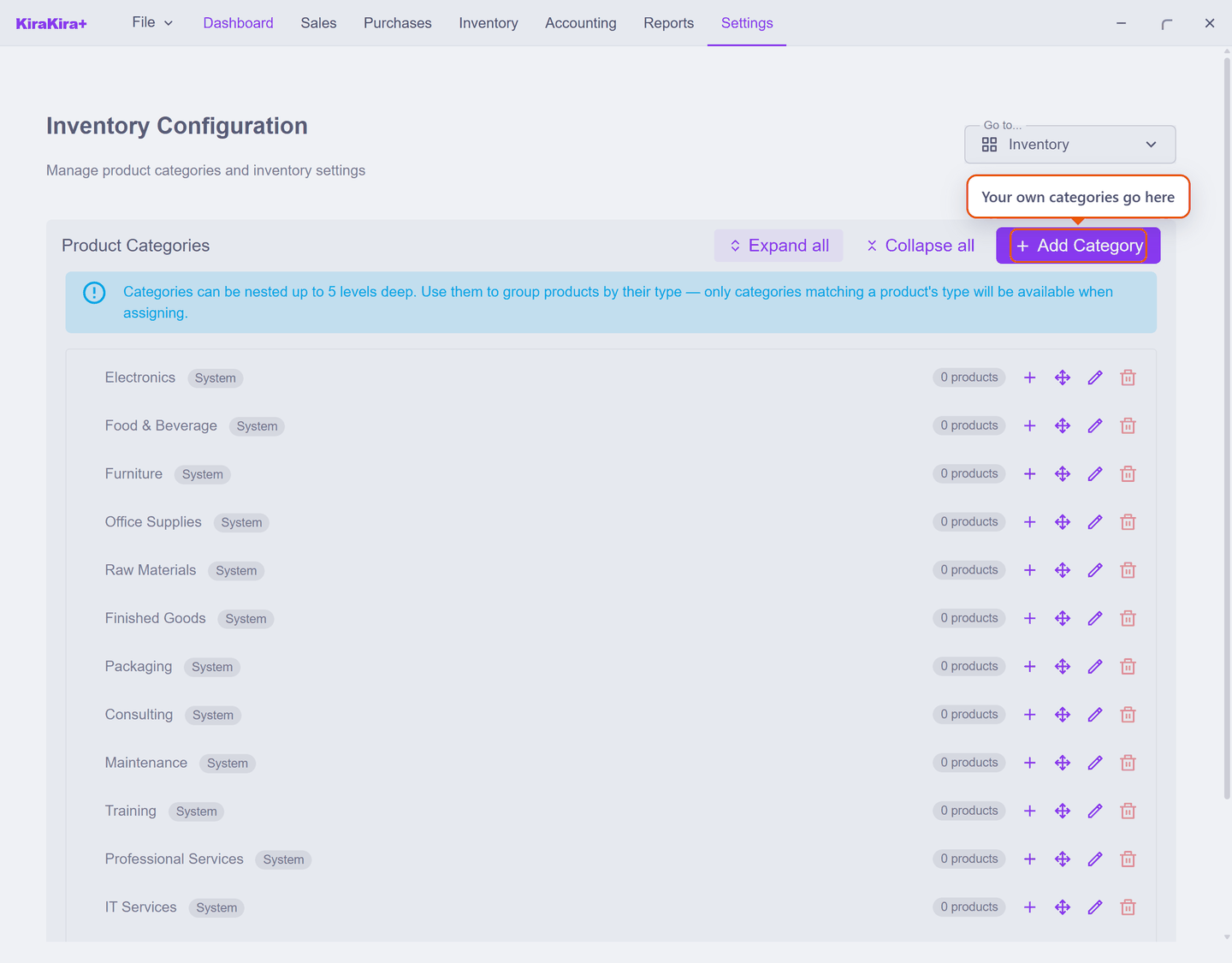 The Product Categories tree in Settings → Inventory