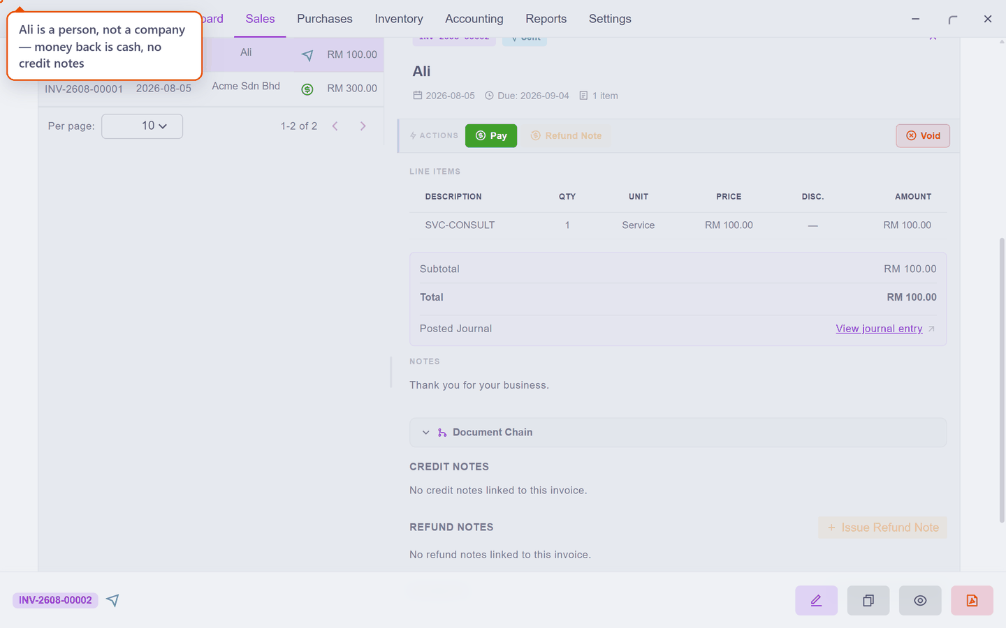 Ali's invoice — no Credit Note, Refund Note instead