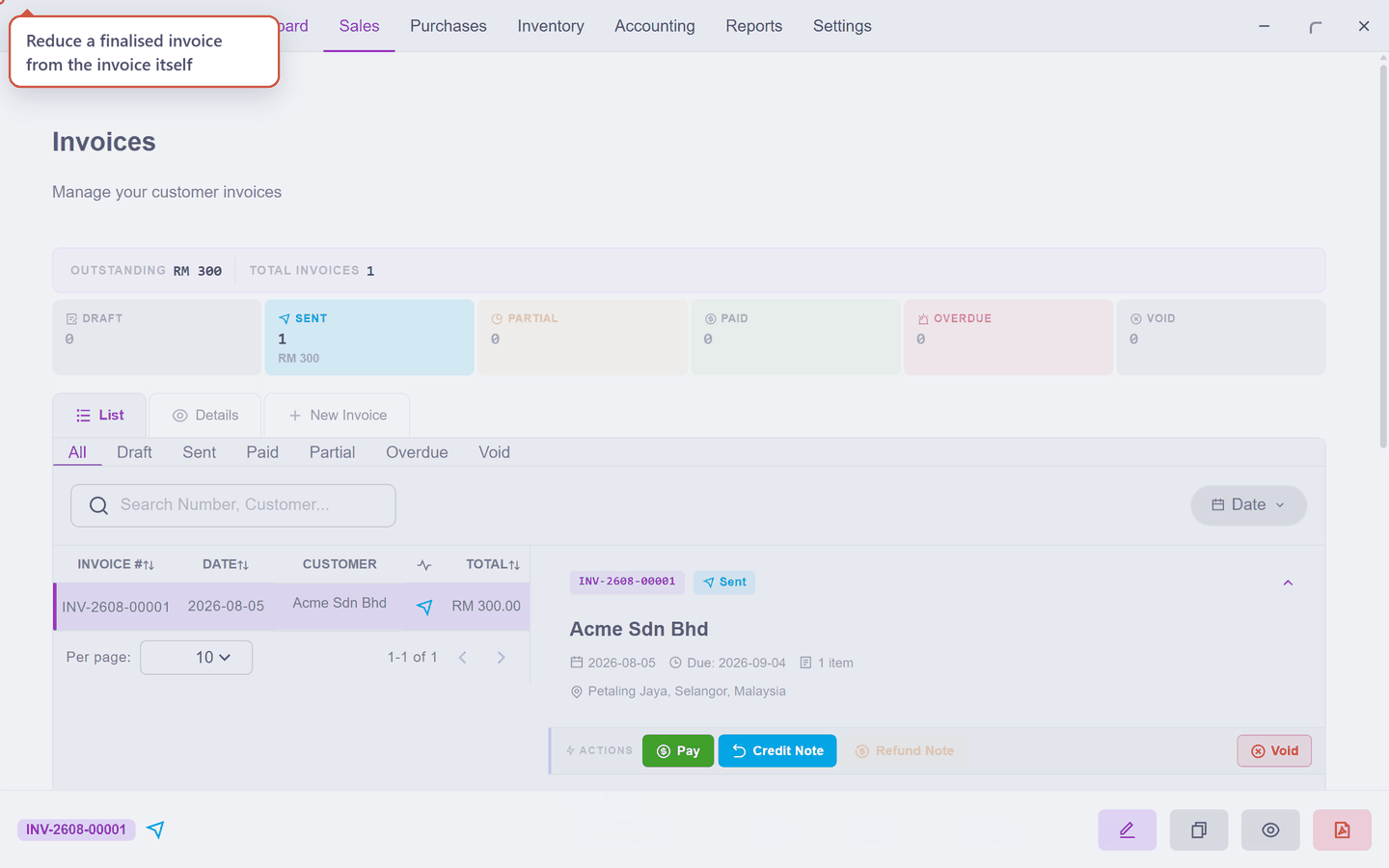 The invoice's panel with the Credit Note action