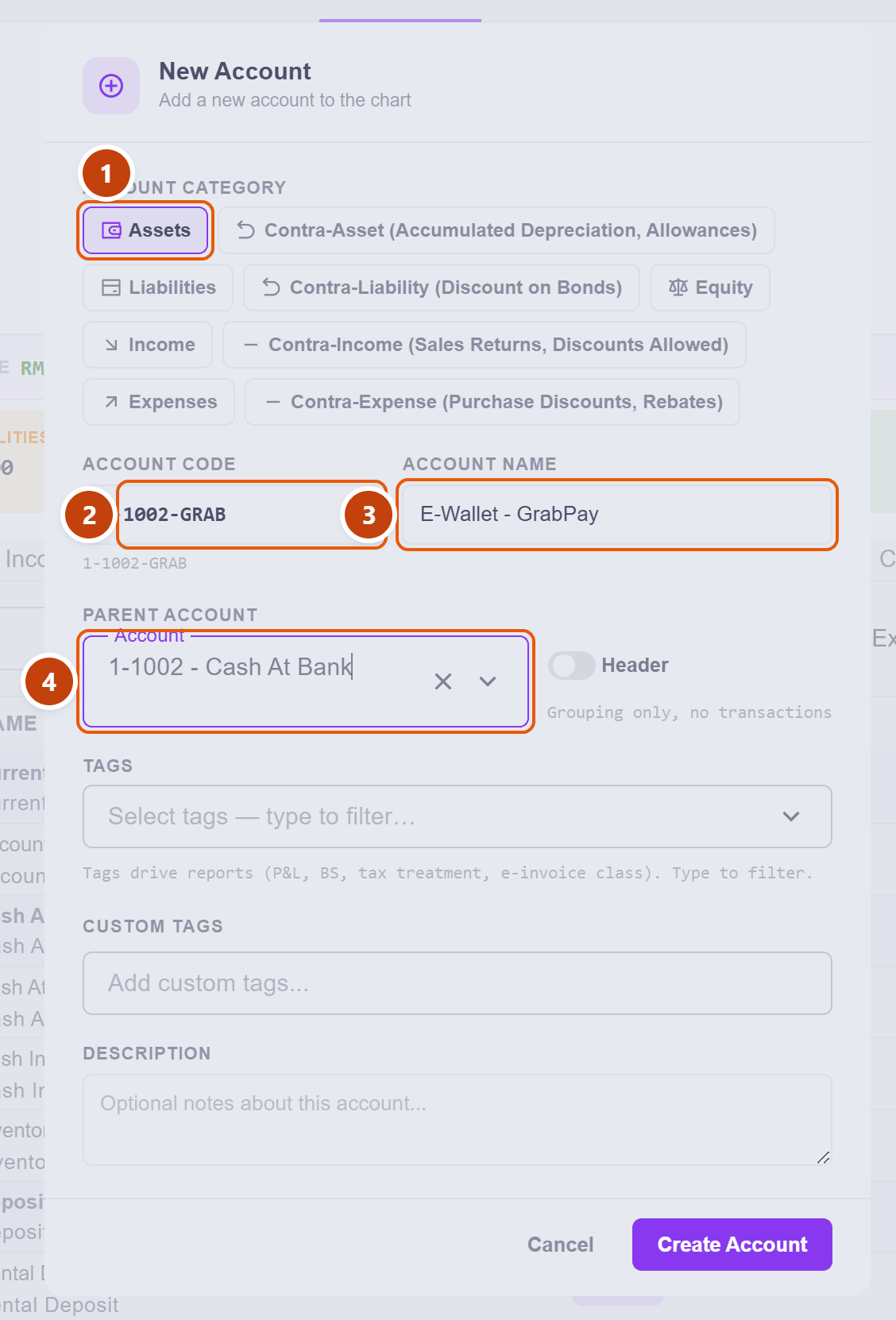 The New Account dialog filled in for the GrabPay wallet, with category, code, name and parent numbered