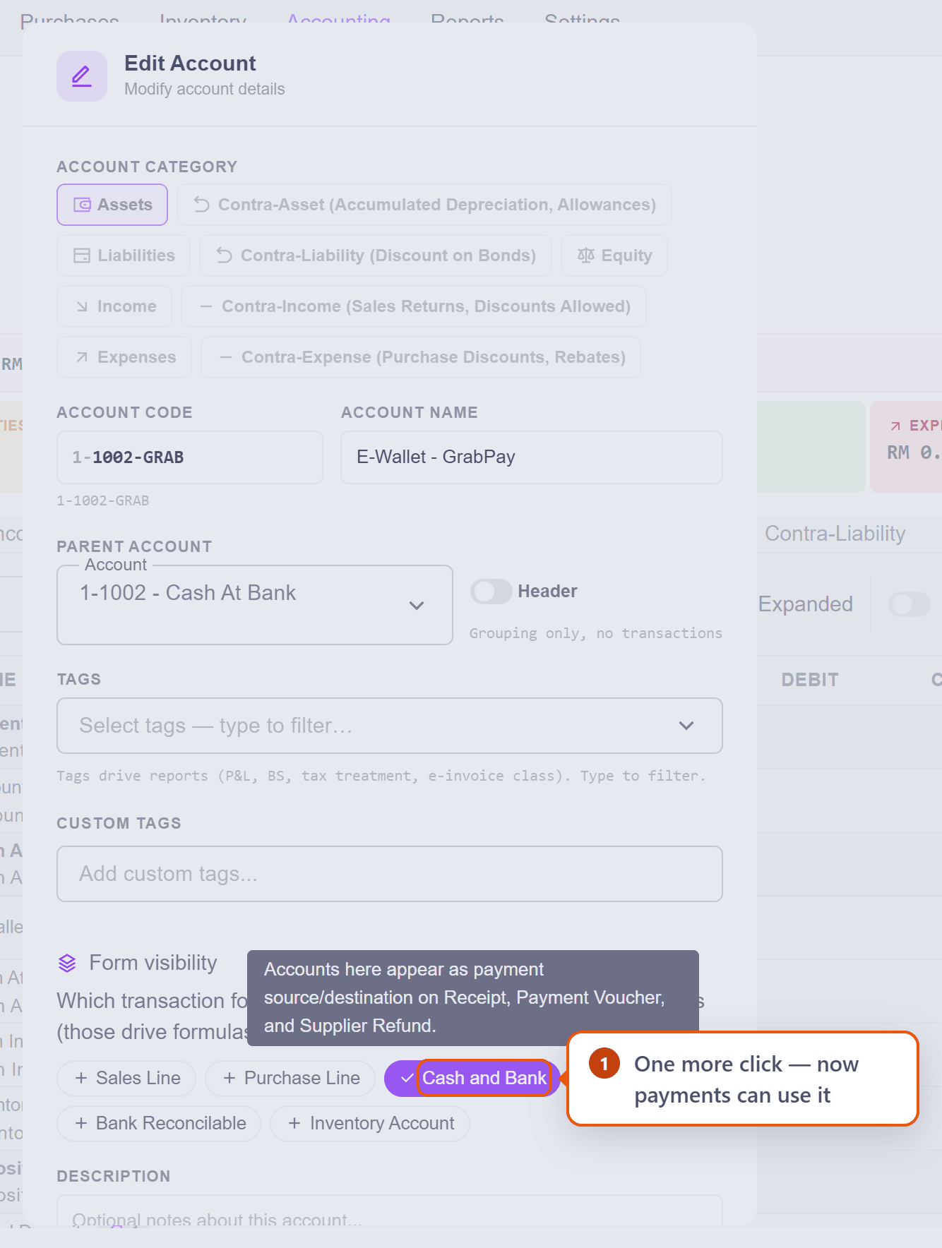 The dialog after creating, with the Cash and Bank visibility chip just clicked