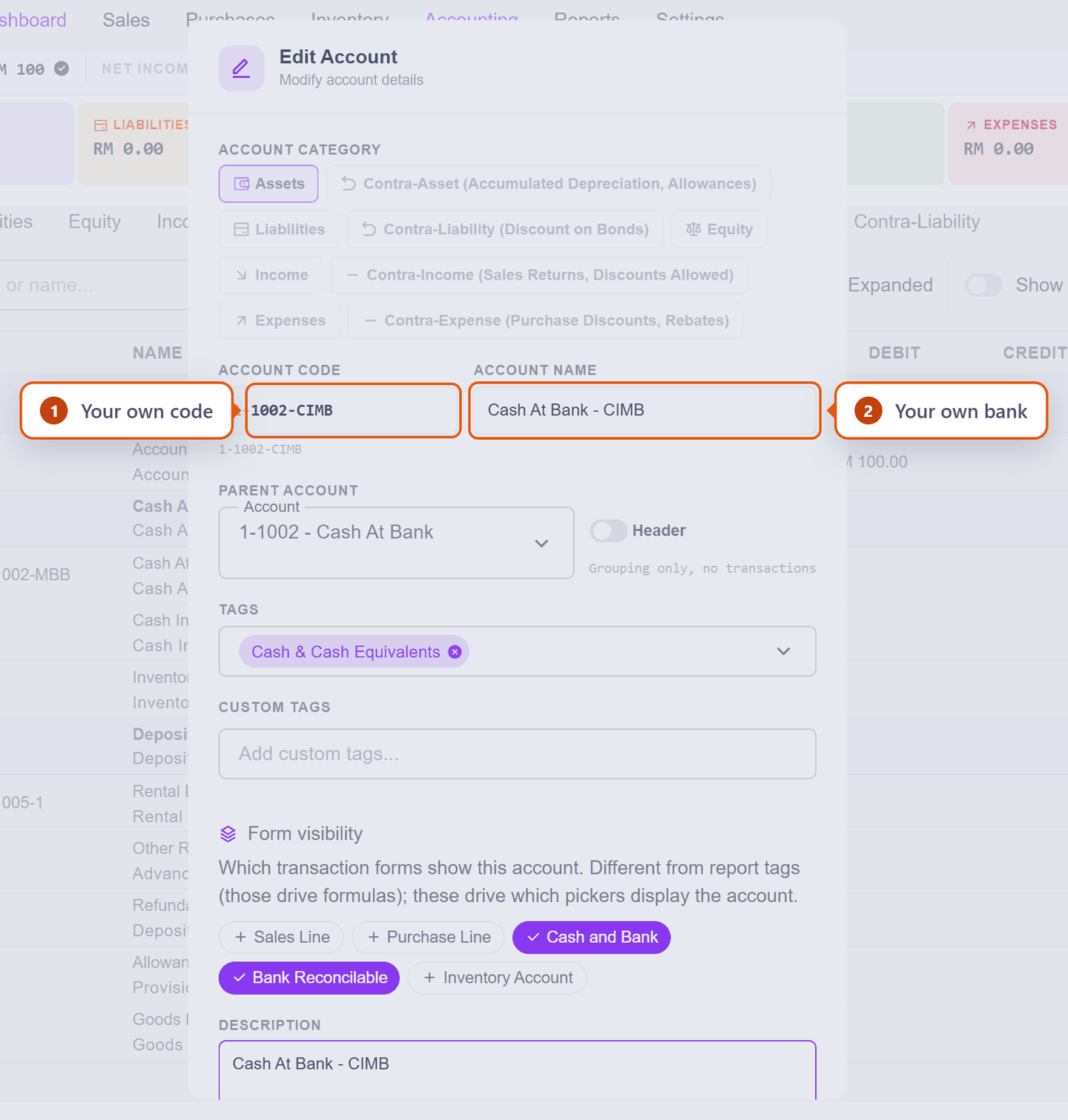 The Edit Account dialog with the account code and name changed to CIMB