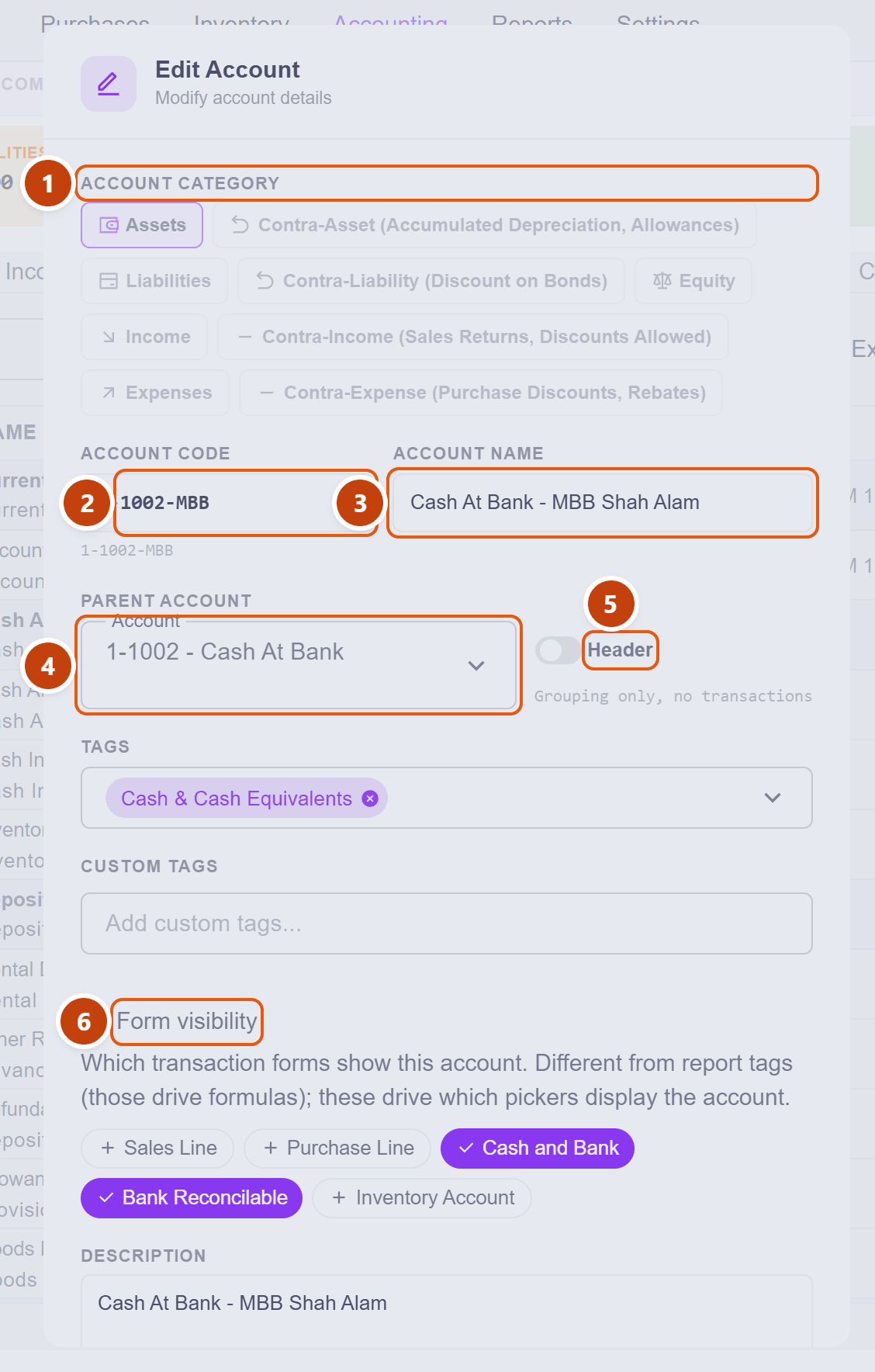 The Edit Account dialog with category, code, name, parent, the header toggle and form visibility numbered
