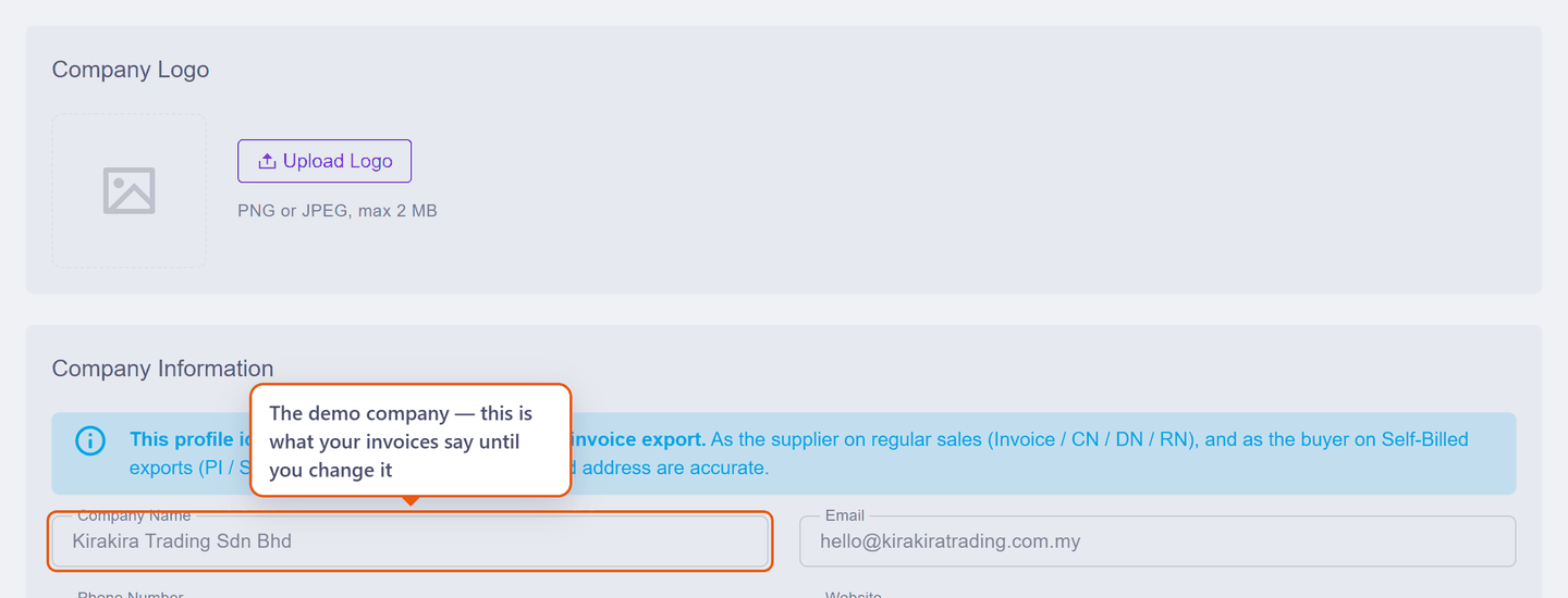 The Company settings screen as it ships, showing the demo company name Kirakira Trading Sdn Bhd