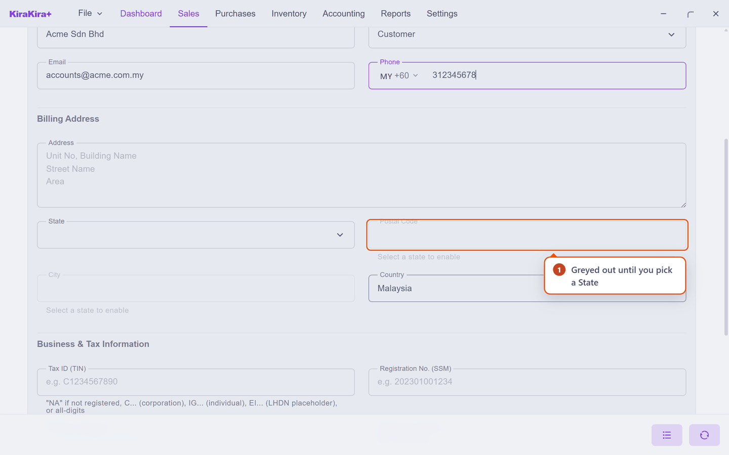 The Billing Address block with Postcode and City greyed out and the hint "Select a state to enable"