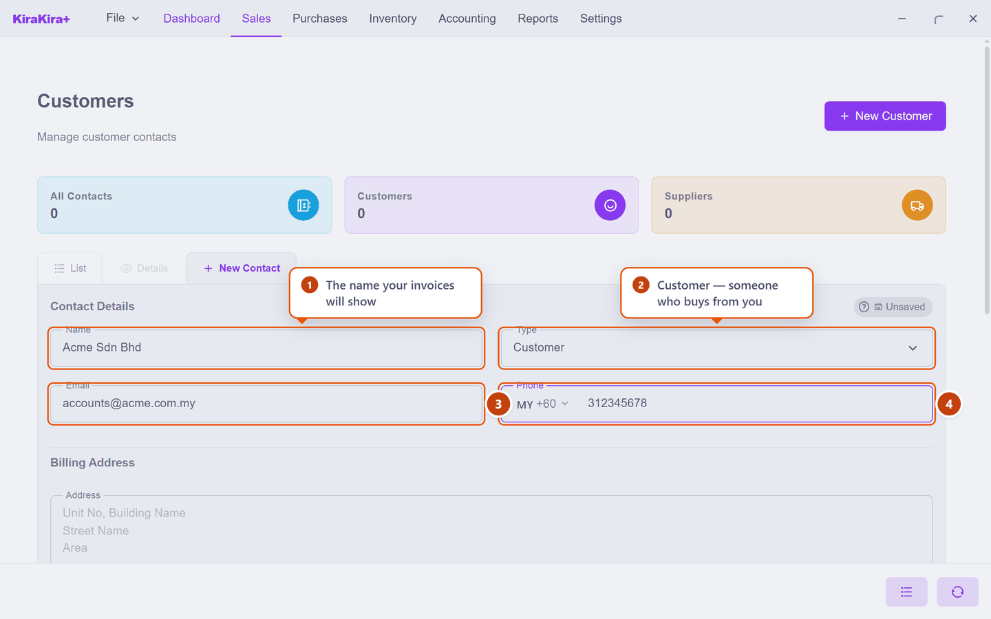 The New Contact form with the top four fields filled in, numbered callouts on Name, Type, Email and Phone