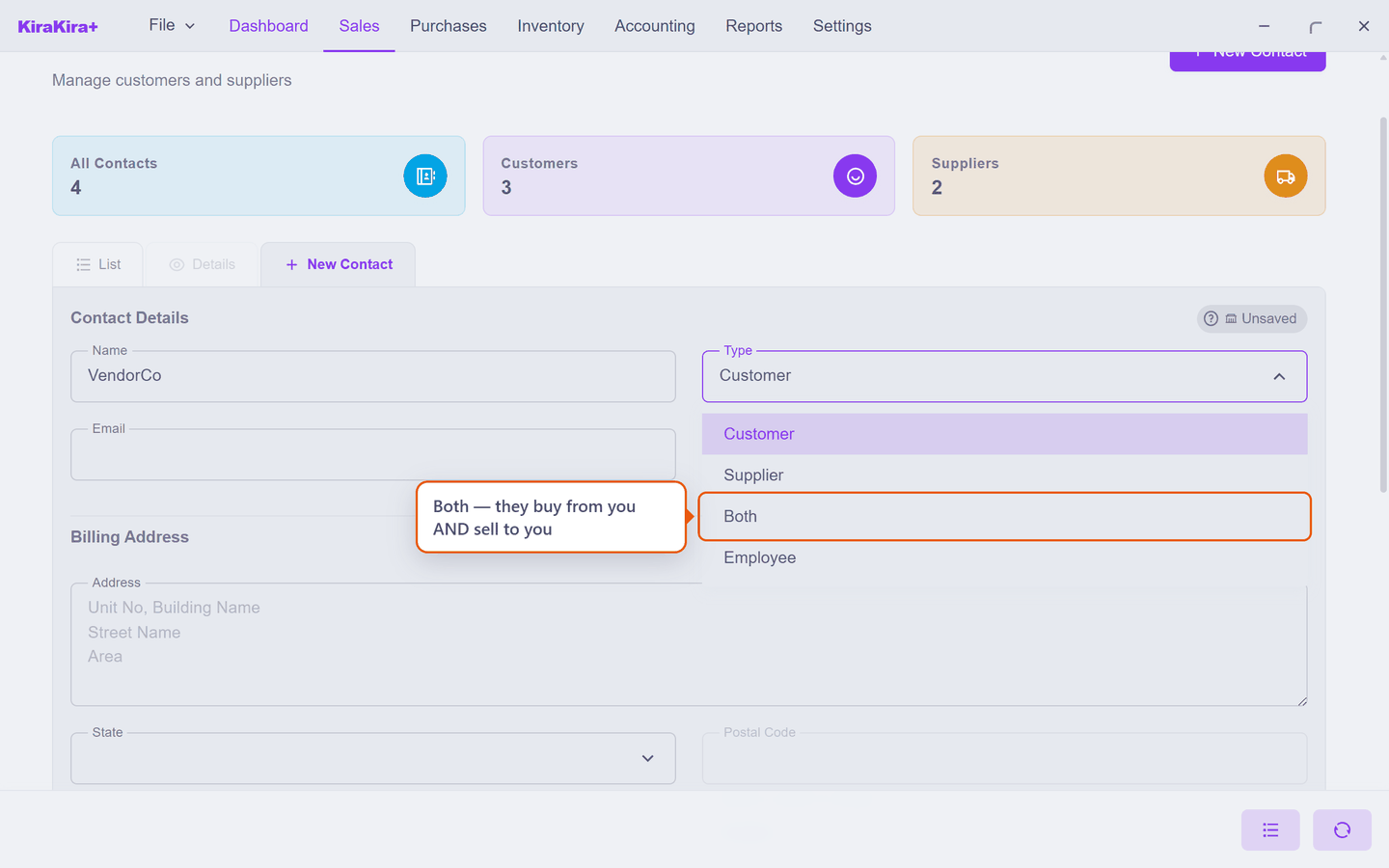 The Type dropdown open, showing Customer, Supplier, Both and Employee, with Both called out