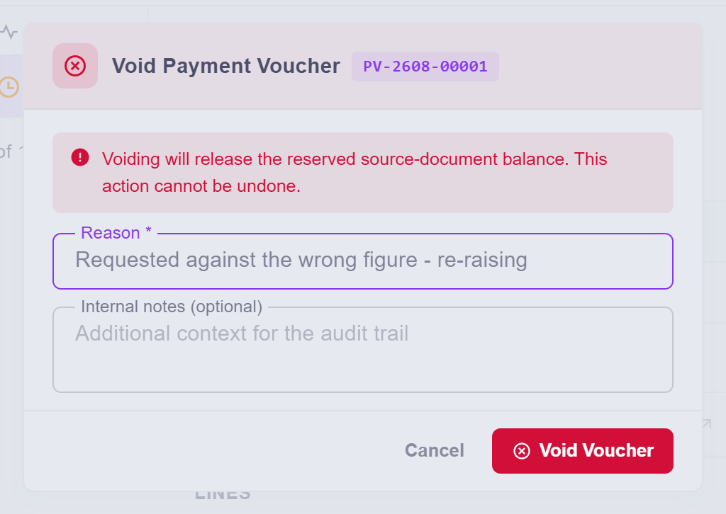 The voucher's void dialog — the wrong request, struck out