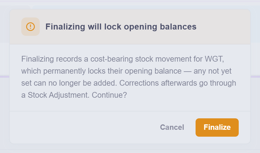 The dialog warning that finalising locks opening balances