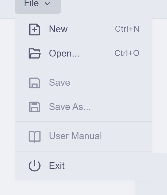 The File menu open, showing New, Open, Save, Save As, User Manual and Exit
