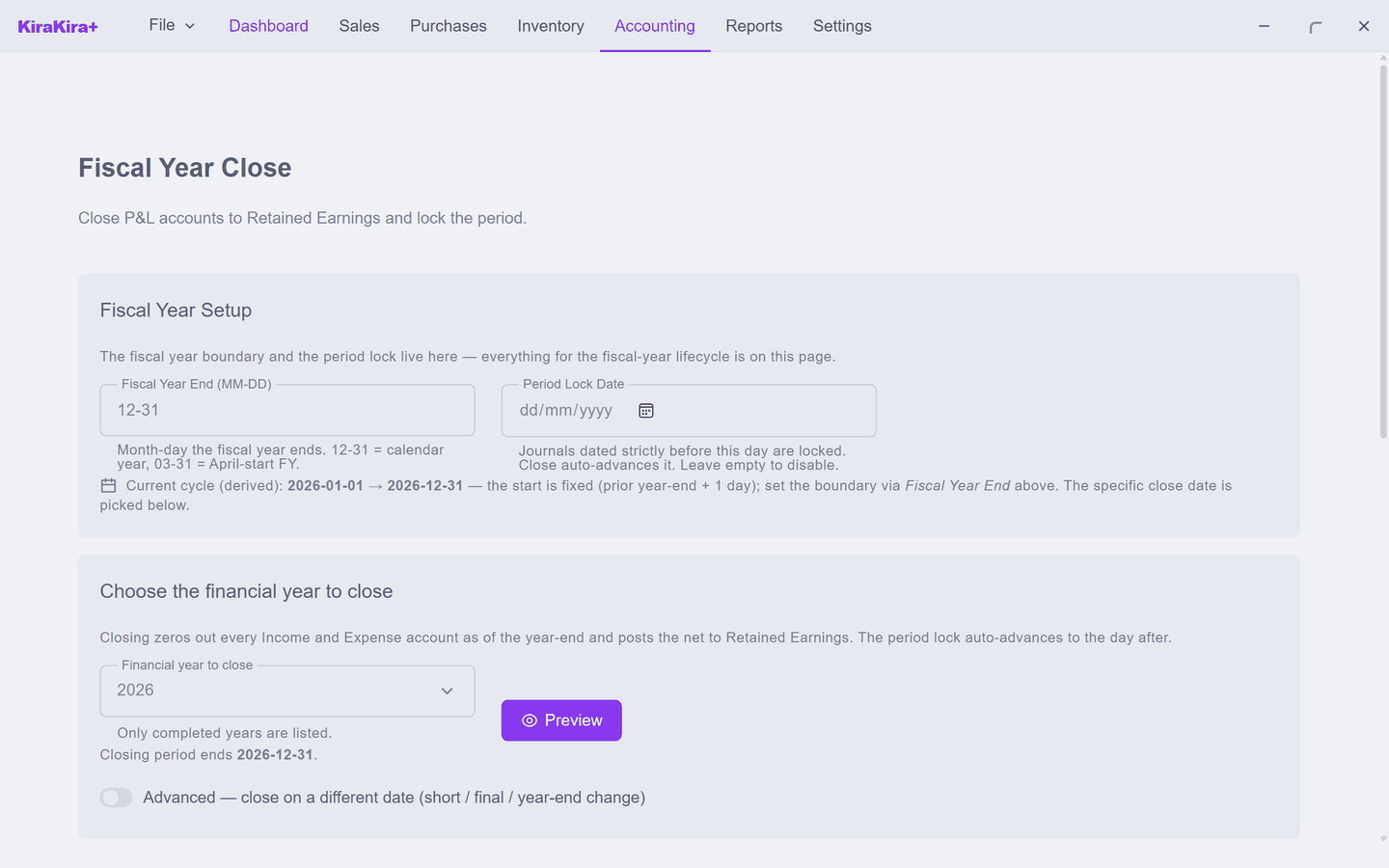 The page — setup, the year to close, and the advanced option