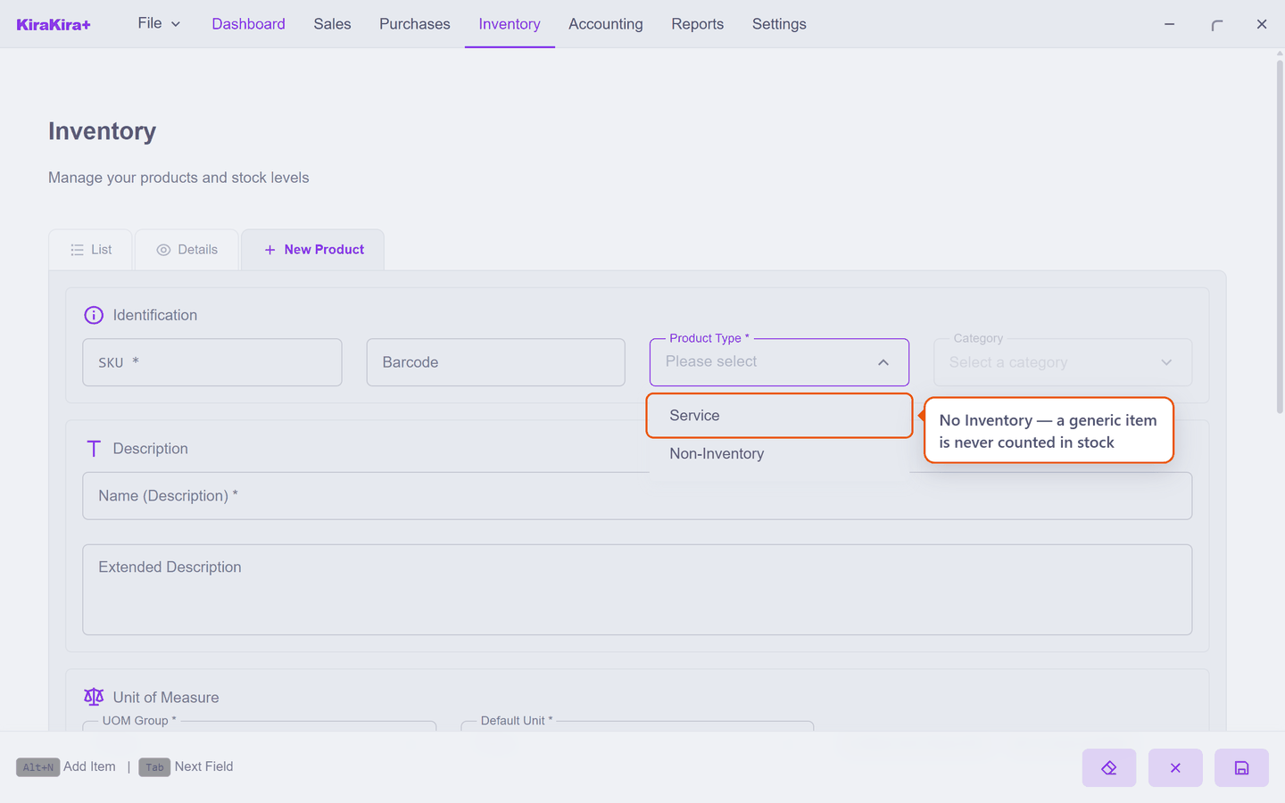 The Product Type list with Generic on, offering only Service and Non-Inventory
