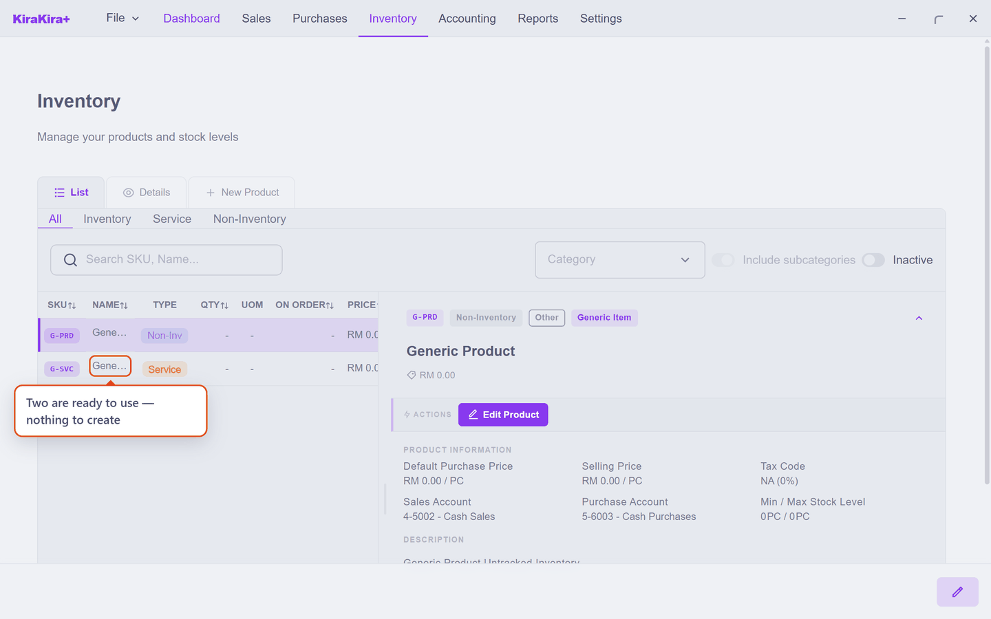 The product list showing Generic Product and Generic Service
