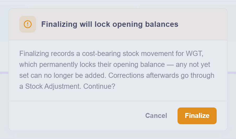 The dialog warning that finalising locks opening balances