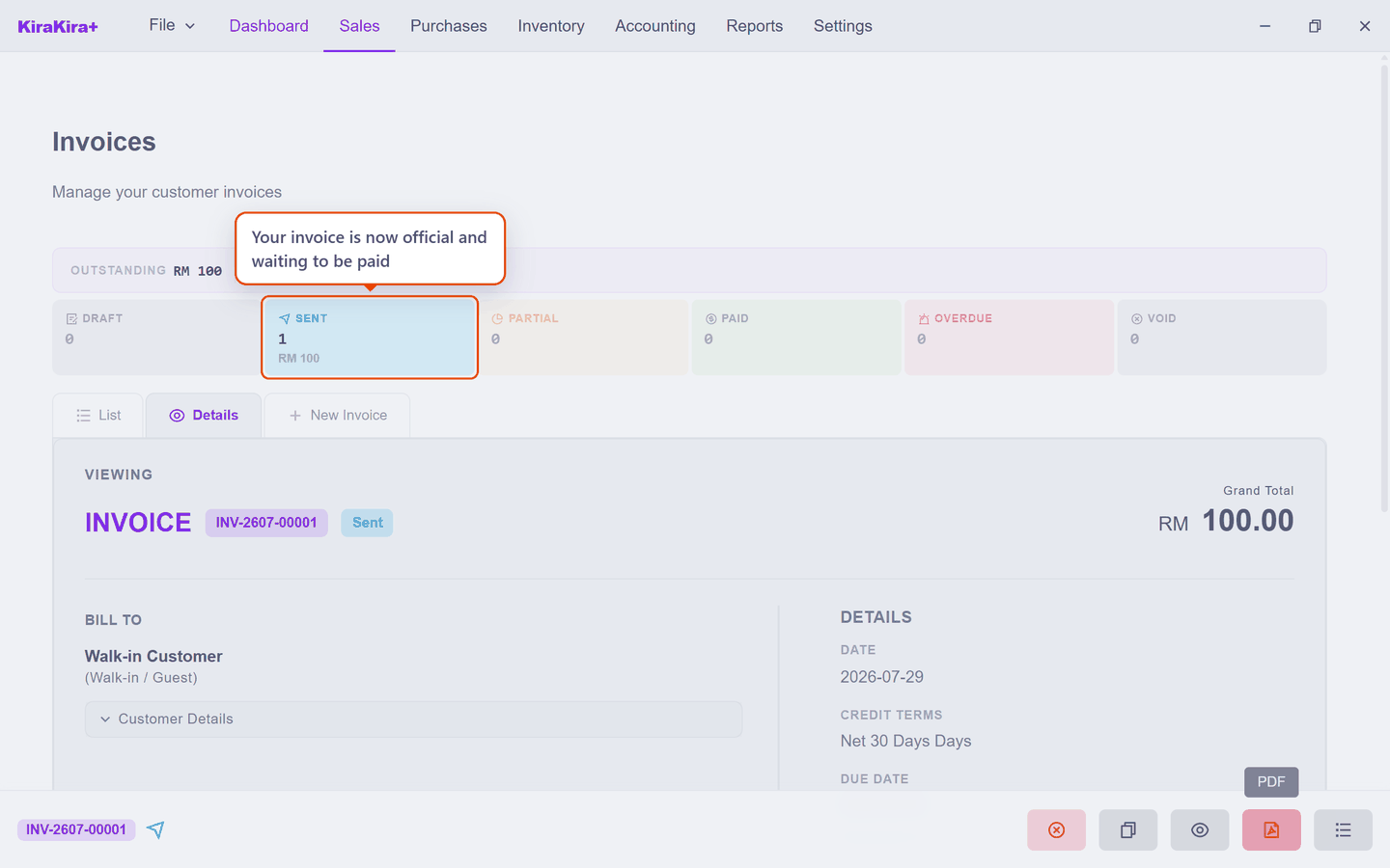 The finalised invoice — one Sent invoice worth RM 100