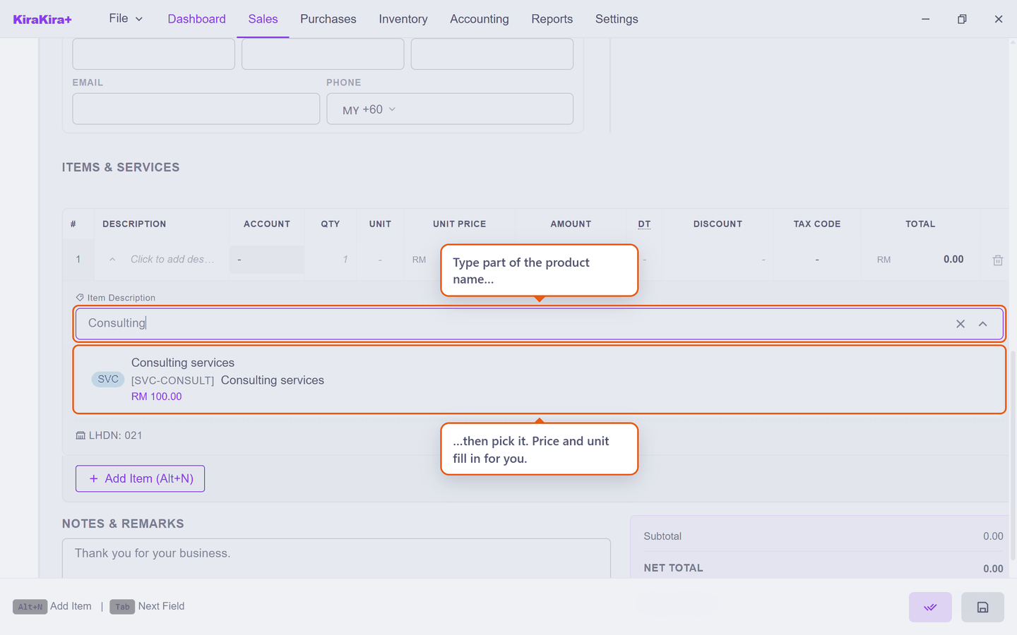 Choosing the Consulting services product on the invoice line