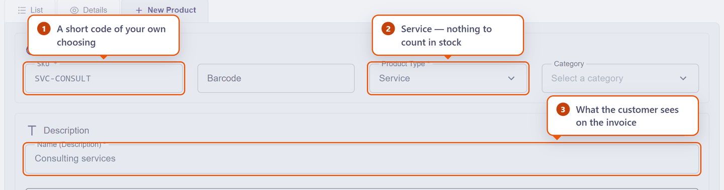 The New Product form with the identification fields filled in
