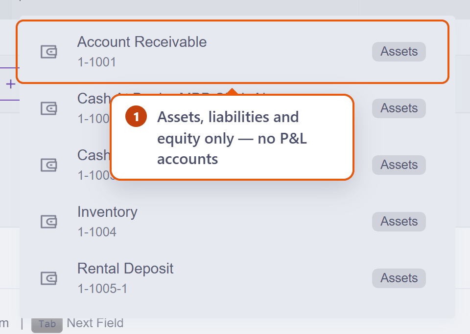 The account picker showing only asset, liability and equity accounts