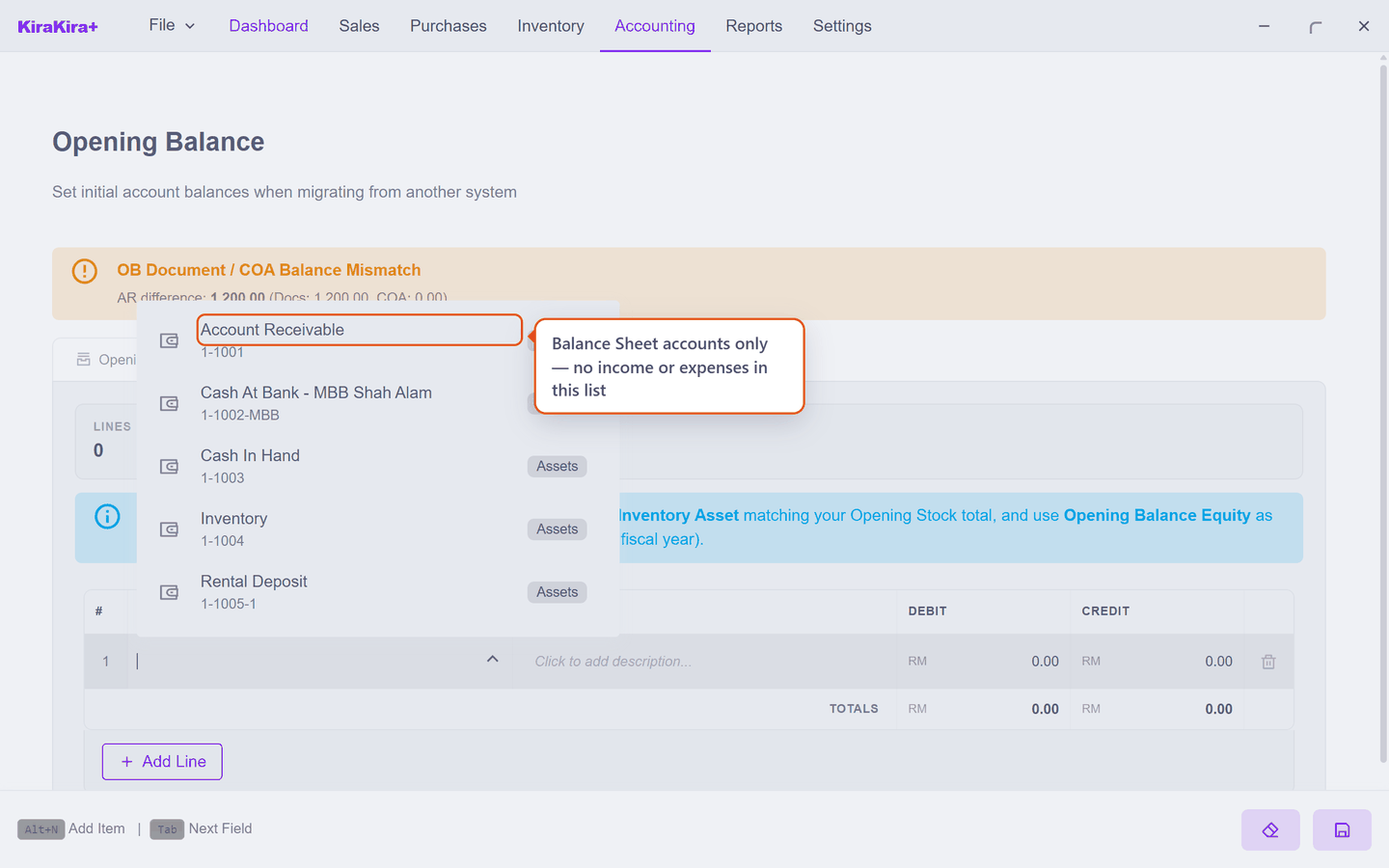 The account picker open on a blank opening-balance line
