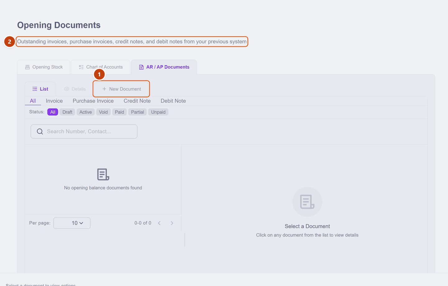 The AR/AP opening documents tab with New Document and the type filters