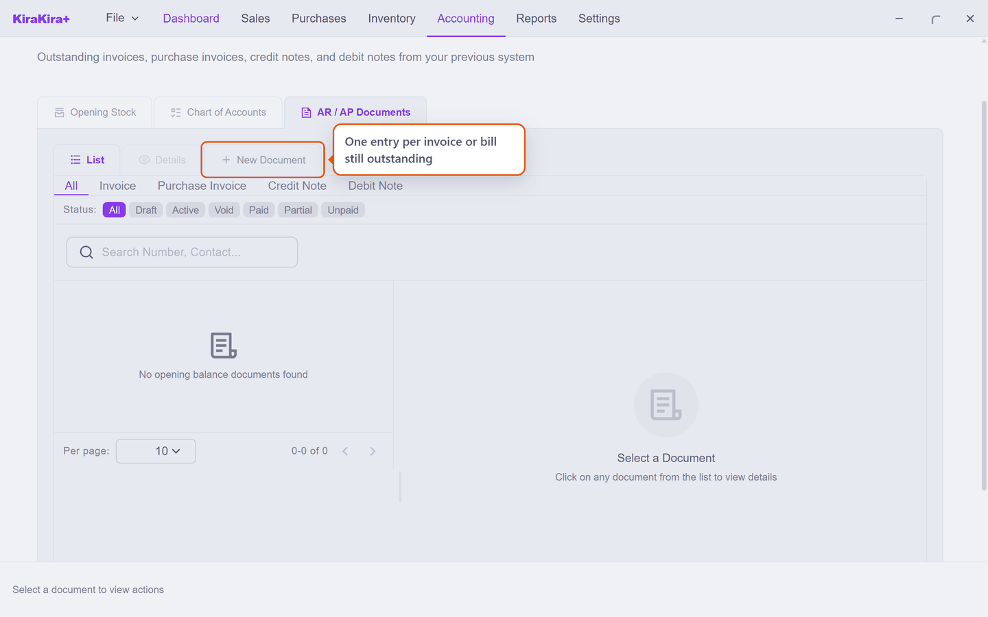 The AR / AP Documents tab with its filters