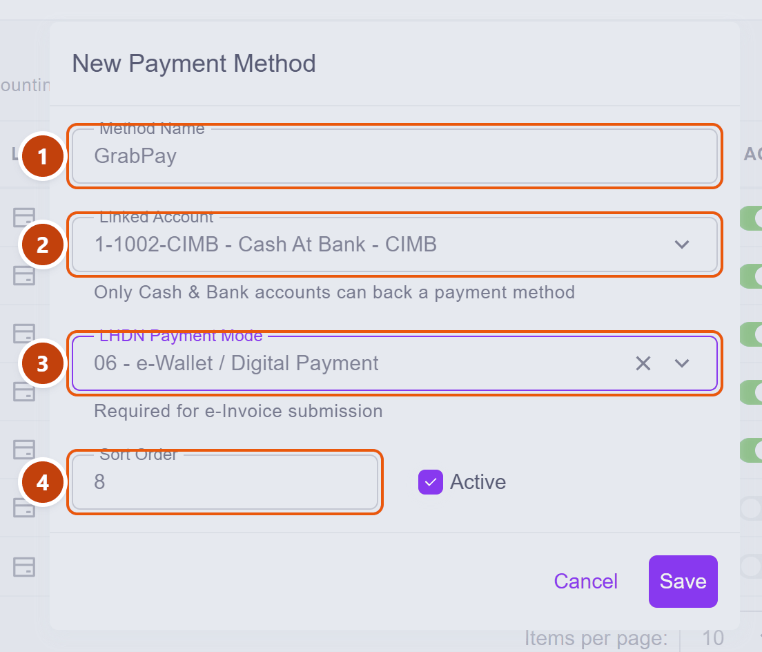 The New Payment Method dialog filled in with GrabPay, the CIMB account and LHDN code 06