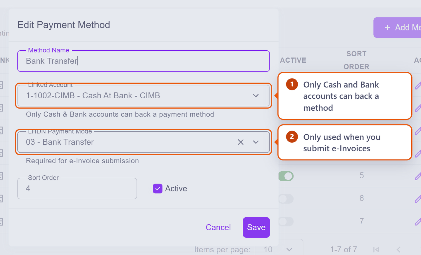 The Edit Payment Method dialog showing Linked Account and LHDN Payment Mode