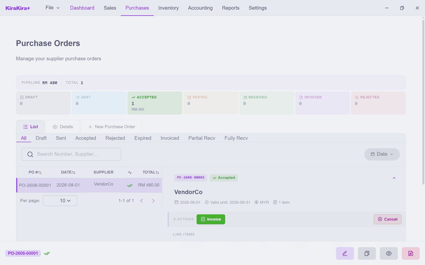 The purchase order showing status Accepted