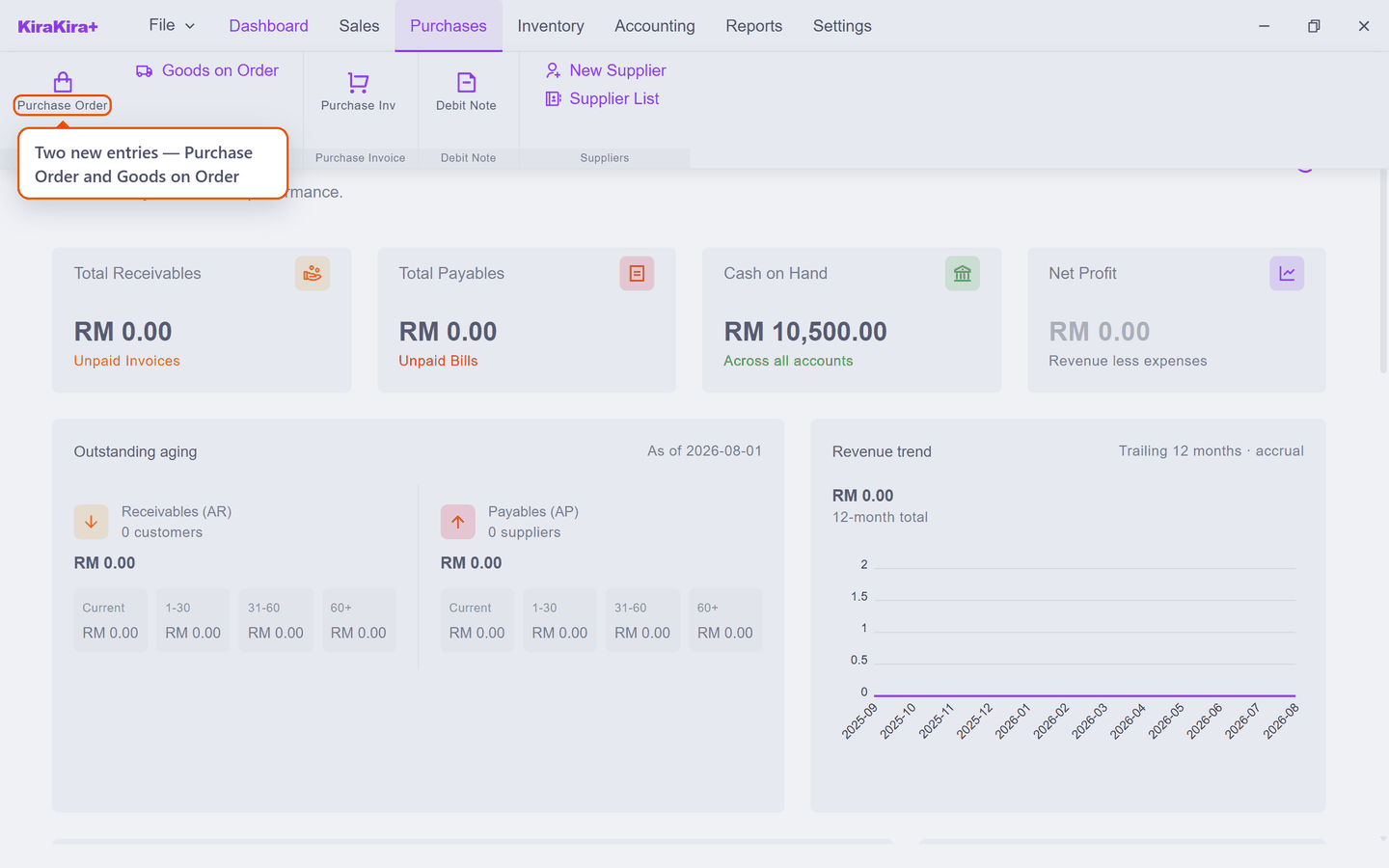The Purchases menu now also showing Purchase Order and Goods on Order