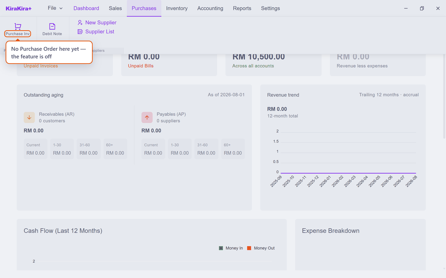 The Purchases menu with only Purchase Inv, Debit Note, New Supplier and Supplier List