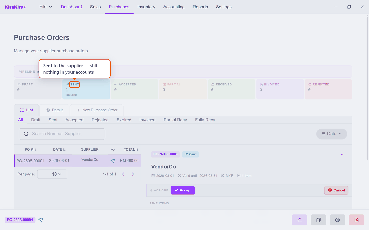 The purchase order list with the order showing status Sent