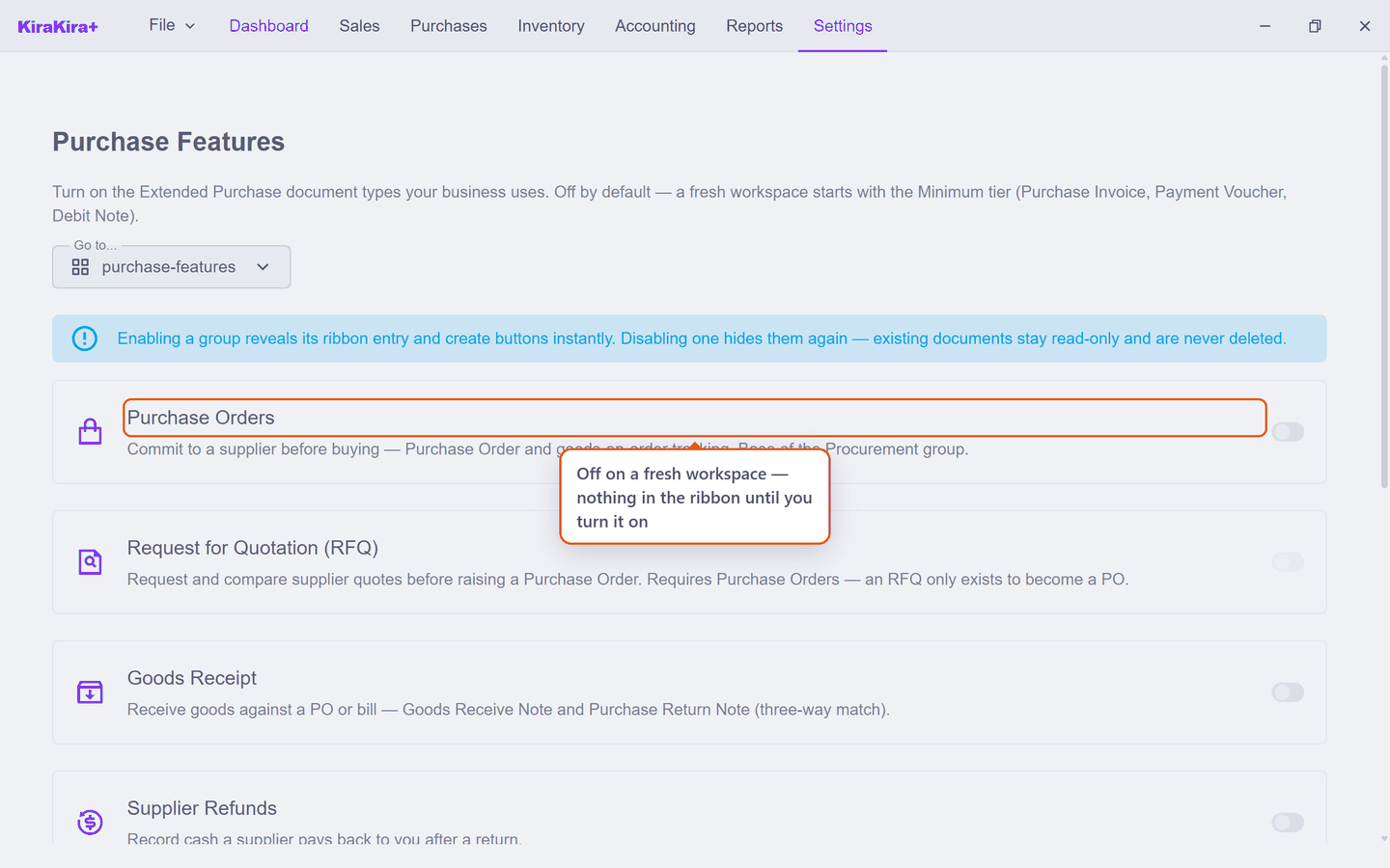 The Purchase Features settings page with the Purchase Orders switch off