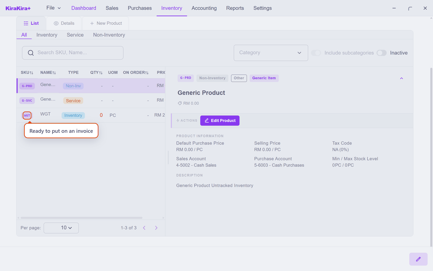 The product list showing WGT