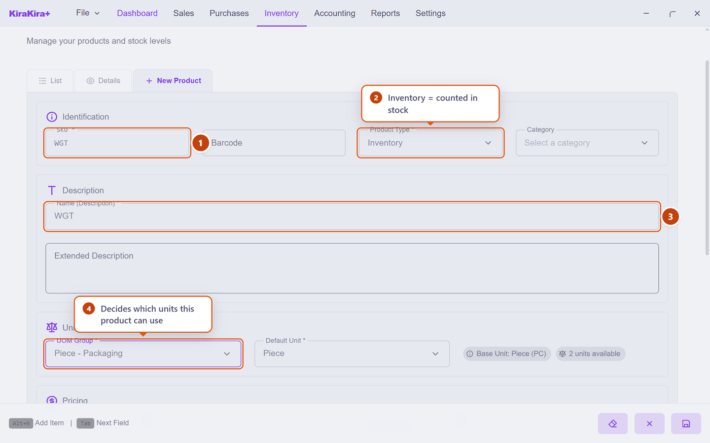 The New Product form filled in, with SKU, Product Type, Name and UOM Group numbered