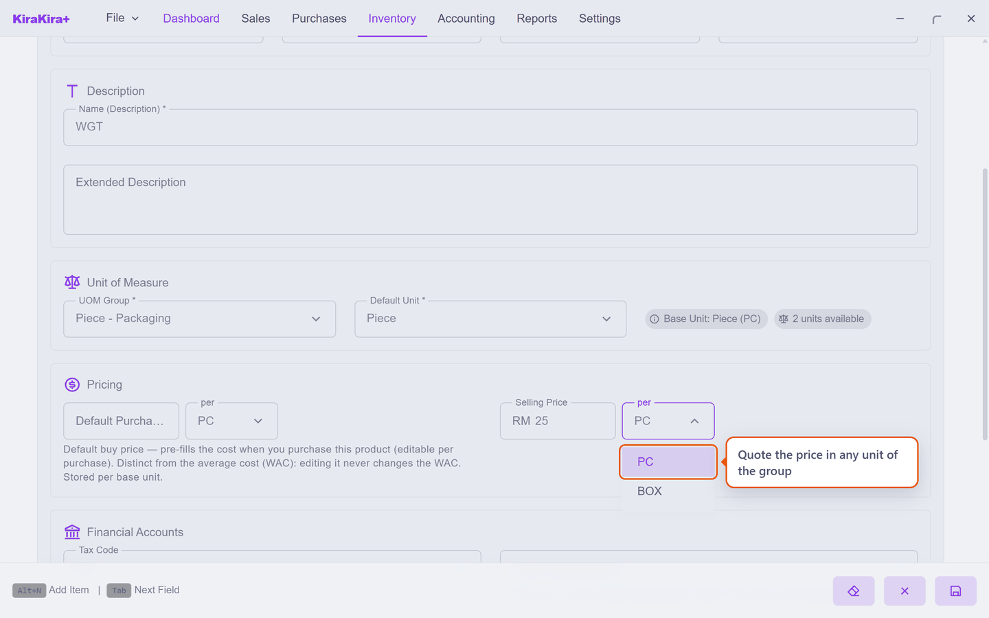 The per selector open beside Selling Price, offering PC and BOX