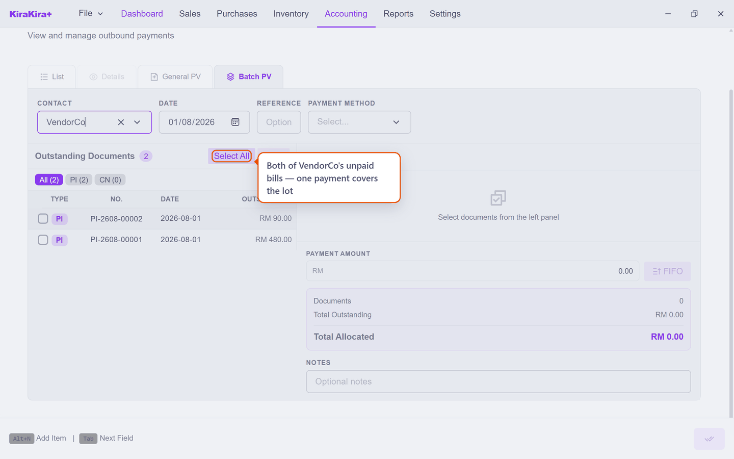 The Batch PV tab for VendorCo, listing two unpaid bills