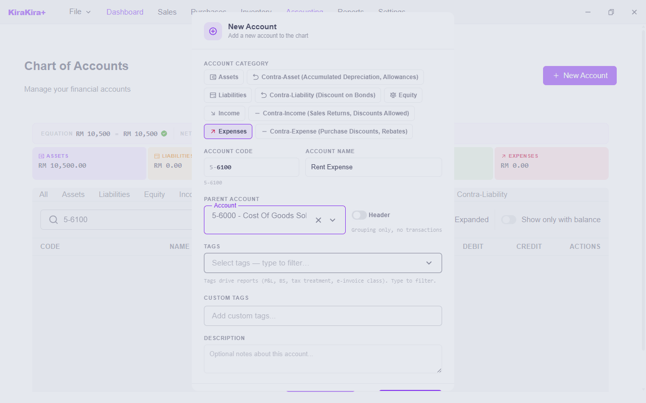 The New Account dialog filled in for Rent Expense under the Expenses category