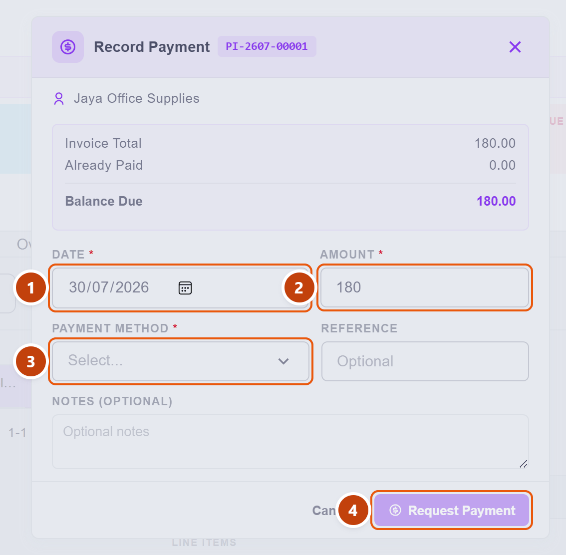 The Pay dialog with date, amount, payment method and the disabled Request Payment button numbered