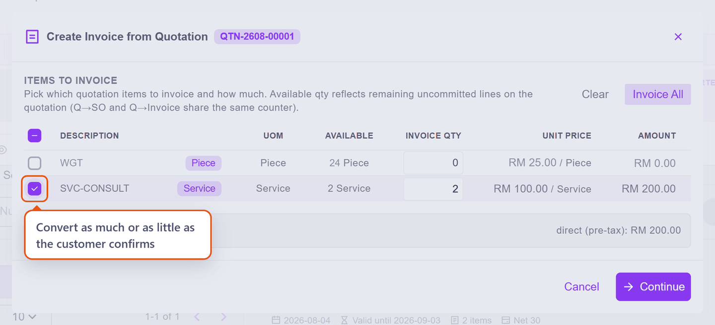 The conversion picker with only the service line ticked