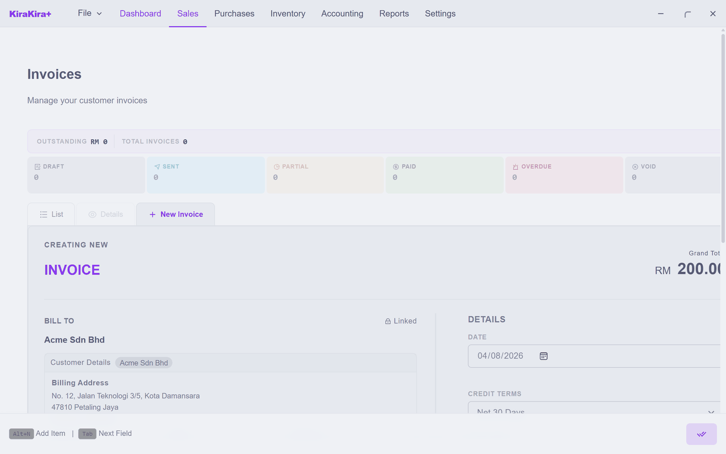 The prefilled invoice the conversion produced — RM 200
