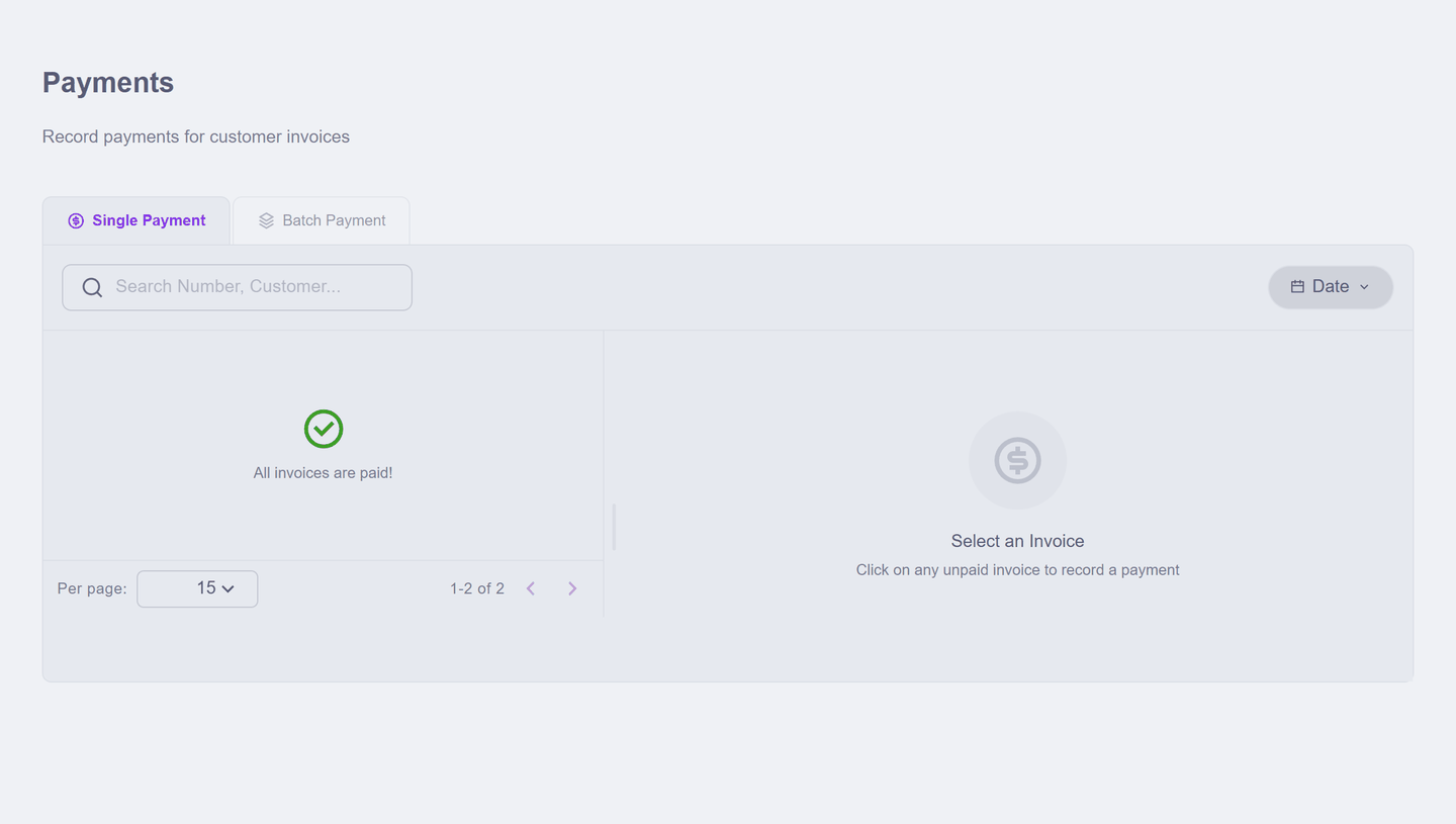 The Payments screen reading All invoices are paid