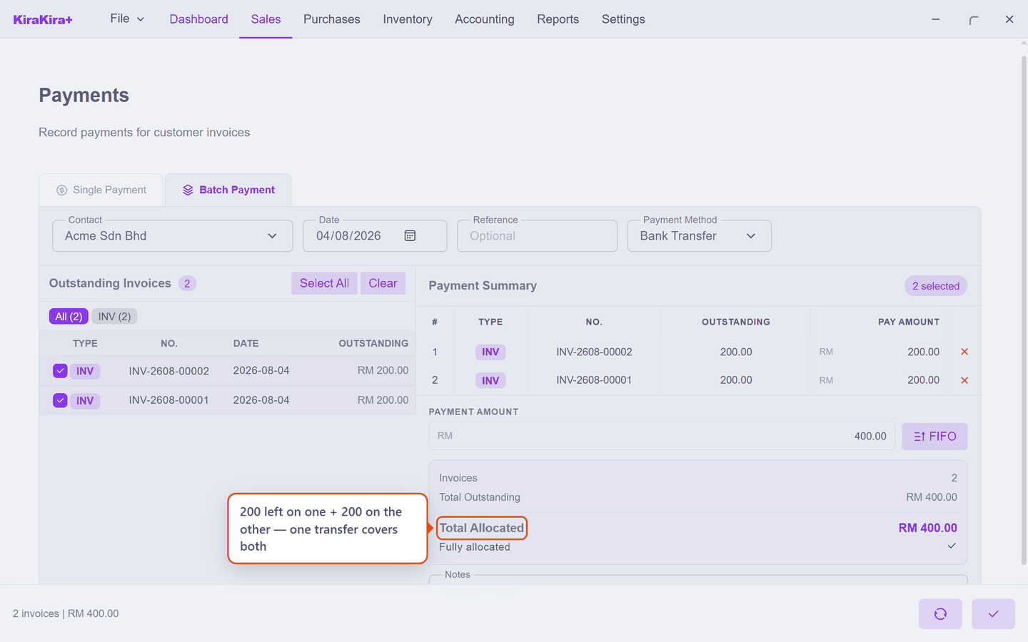 The Batch tab with both invoices ticked and RM 400 allocated