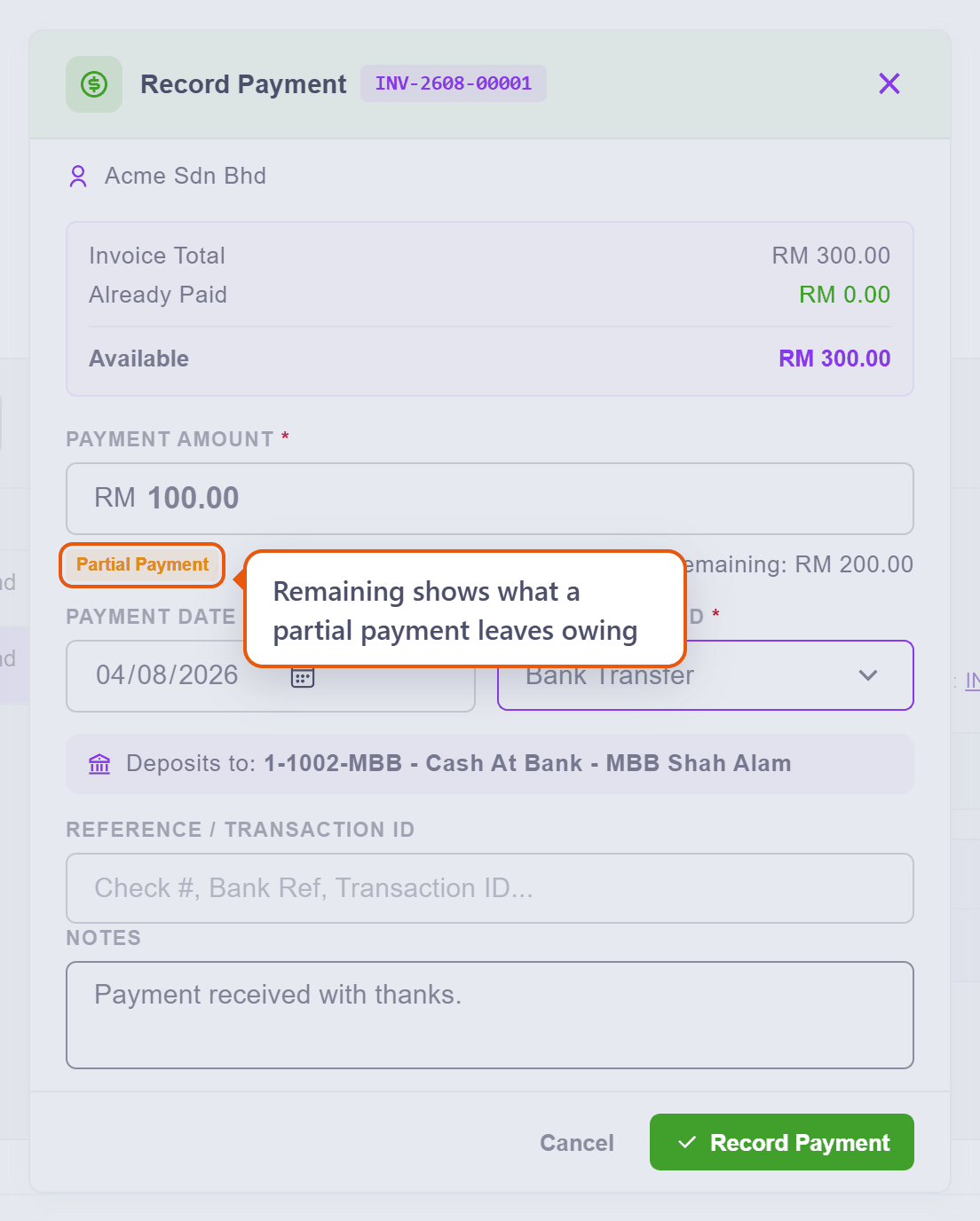 The Record Payment dialog with 100 typed against 300