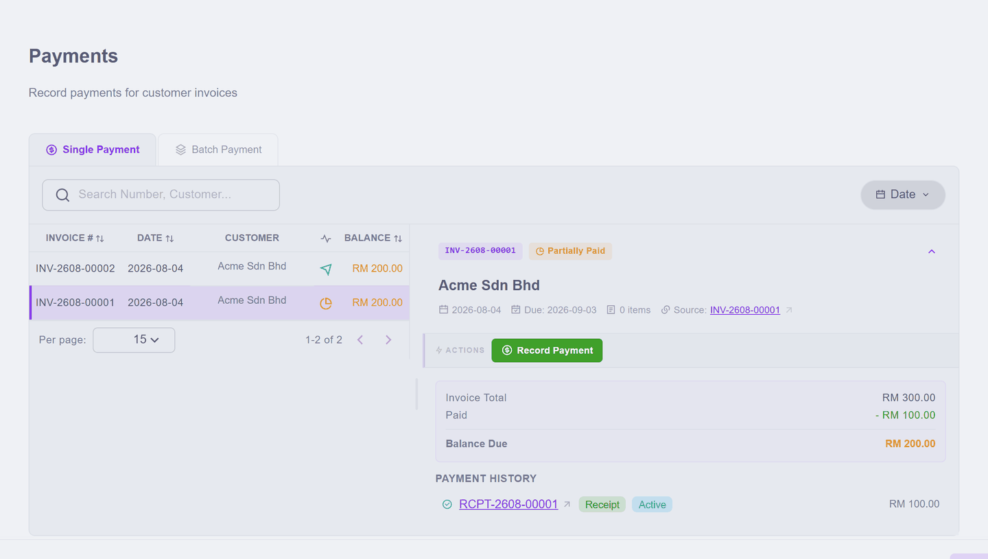 The invoice still listed, 200.00 to go