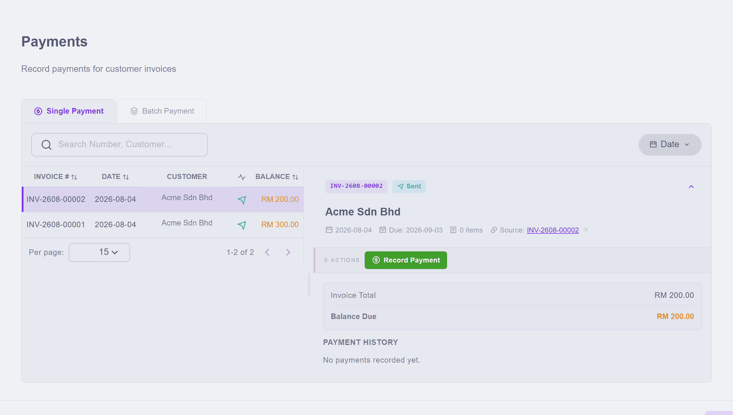 The Payments screen listing both unpaid invoices